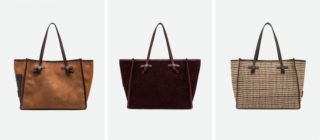 Trois cabas Marcella de Gianni Chiarini pour l'hiver : gros velours cognac, bouclé bordeaux, pied-de-poule