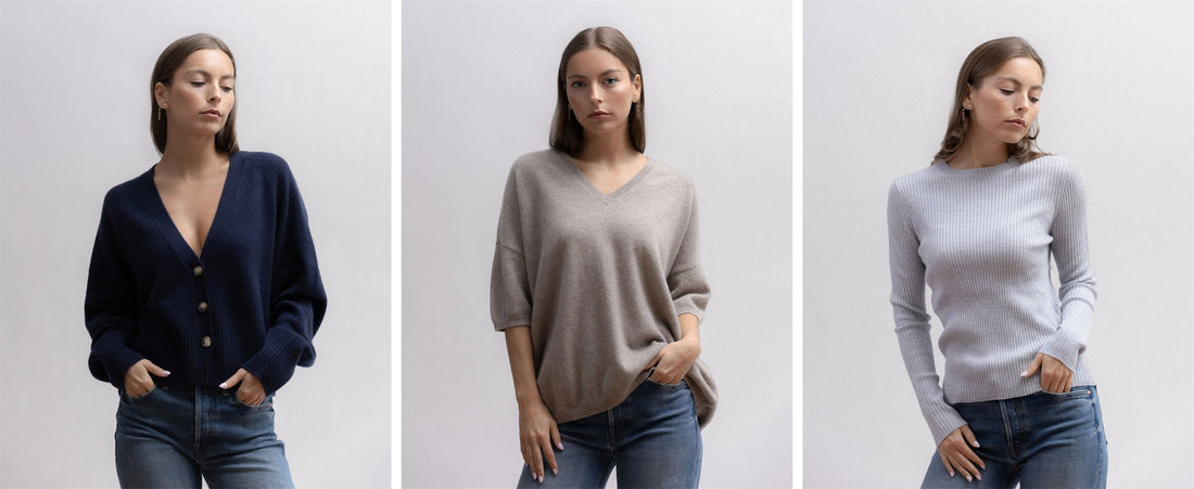 Trois pulls Wen Moon portés en studio : cardigan marine, pull col V taupe, pull côtelé gris