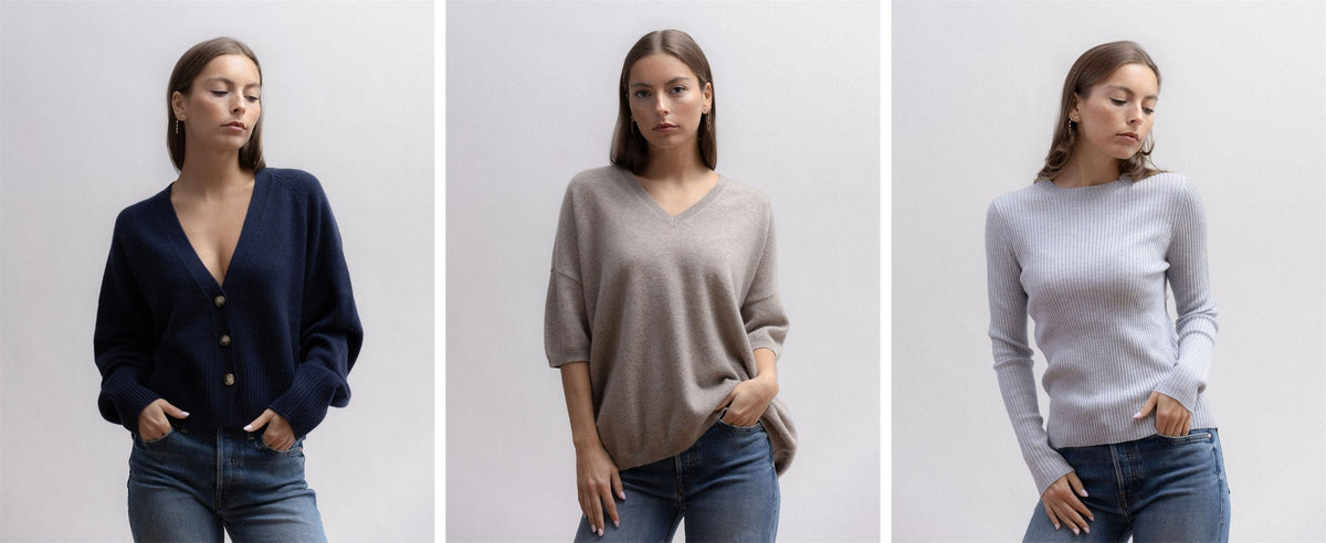 Trois pulls Wen Moon portés en studio : cardigan marine, pull col V taupe, pull côtelé gris