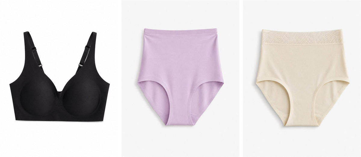 Lingerie Chantelle Soft Stretch : soutien-gorge noir, shorty taille haute lavande, shorty taille haute dentelle crème
