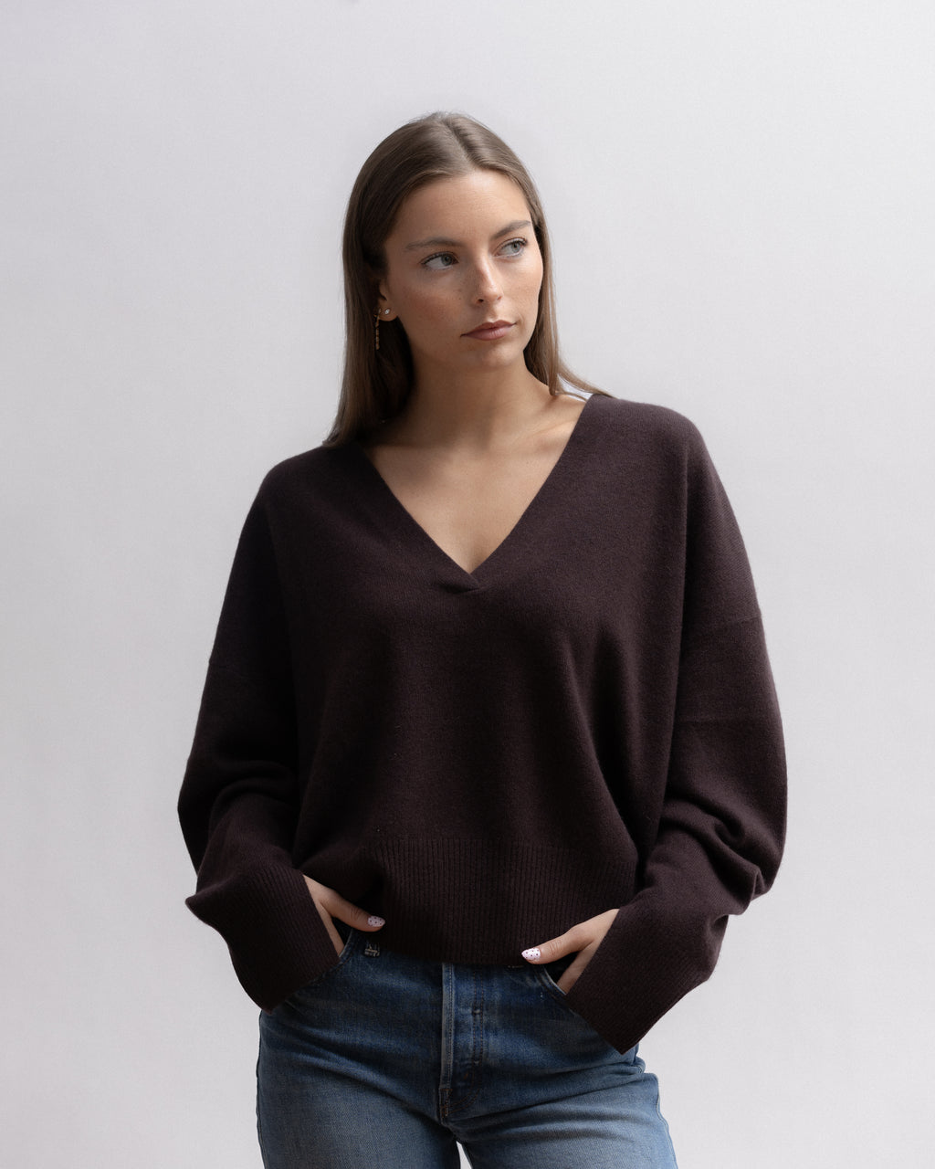 JOELLE V-NECK Pull Fin col V Tree Bark