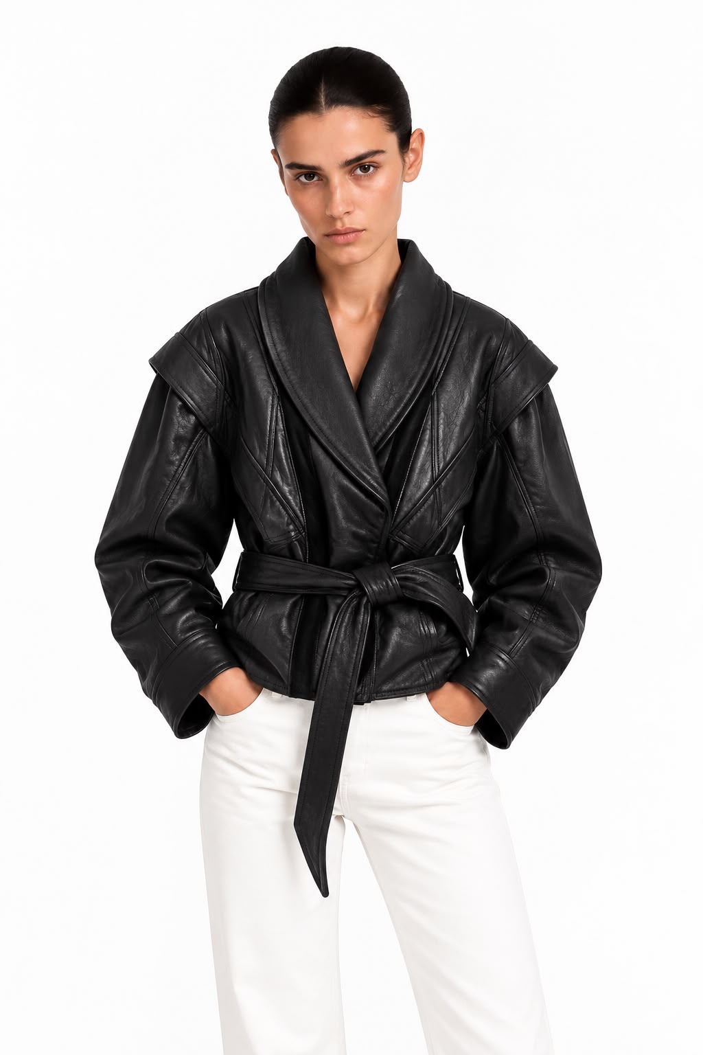 Veste en cuir ceinturée Pariente Mia Noir