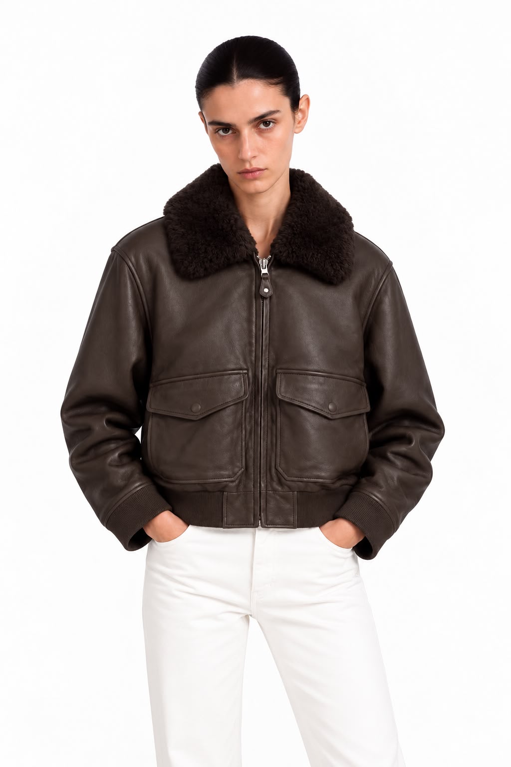 Blouson aviateur en cuir Pariente Romane Brun