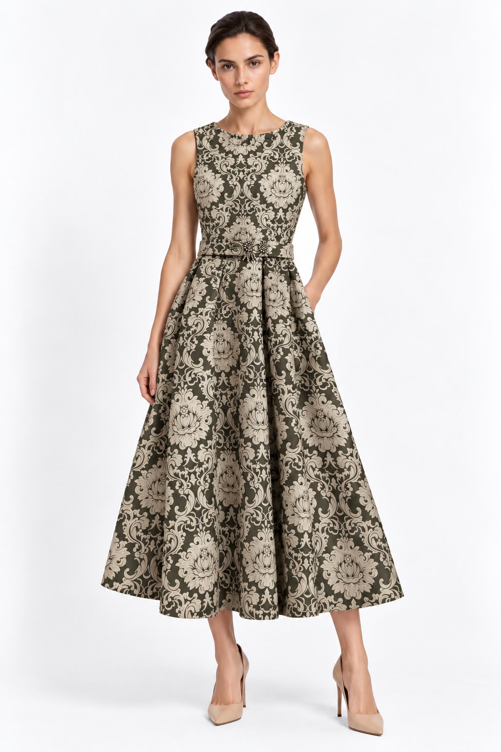 Robe Max Mara Terzo imprimé fleuri kaki, détail